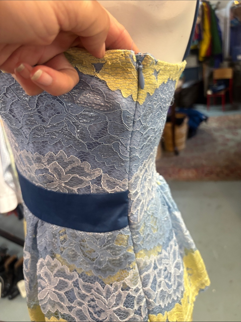 Traffic People Blue and Yellow Lace Tie-Shoulder Midi Dress - Picture 4 of 7